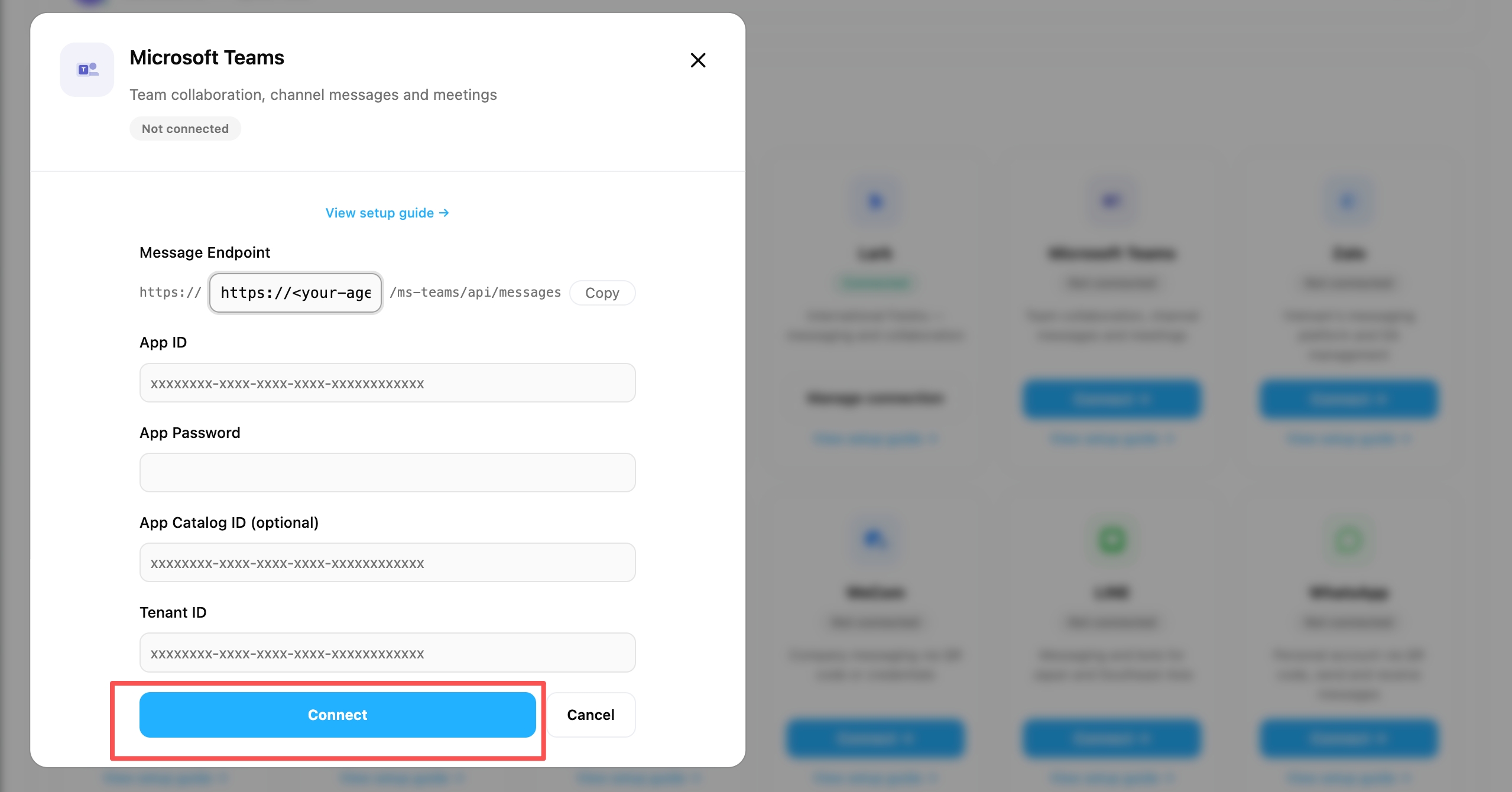 OpenMax Workspace — Microsoft Teams card with all credentials, click Connect