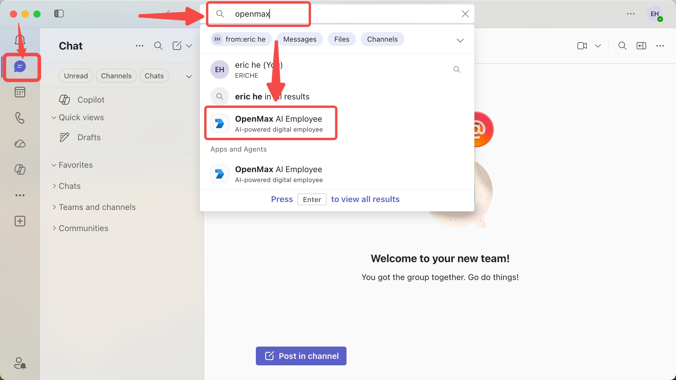 Teams — search for the bot in Chat