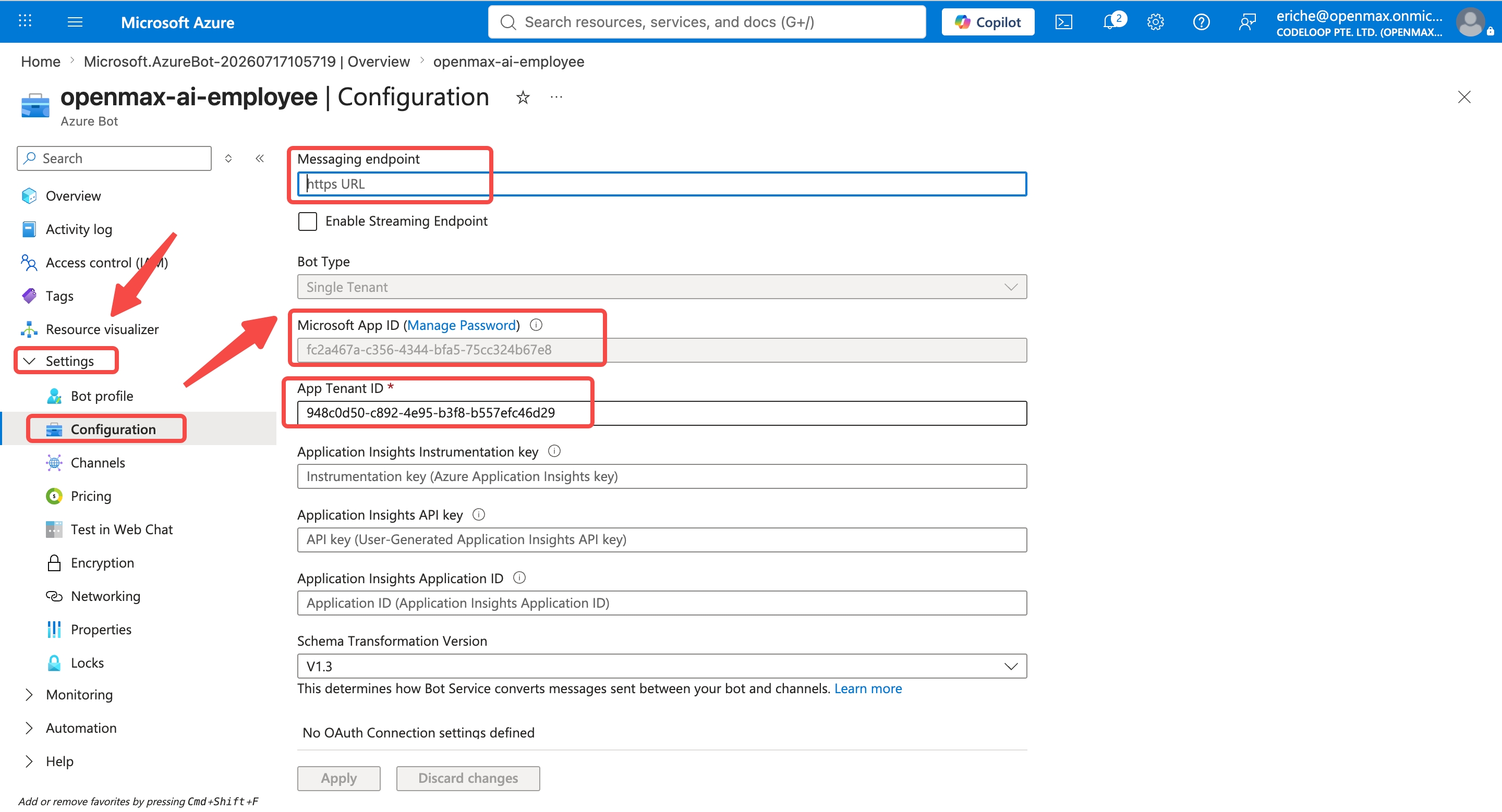 Azure Bot — Settings -> Configuration