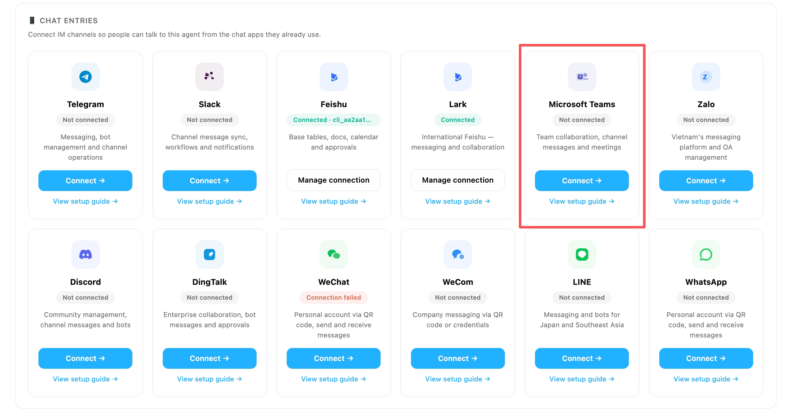 OpenMax — Chat Entries — locate the Microsoft Teams card