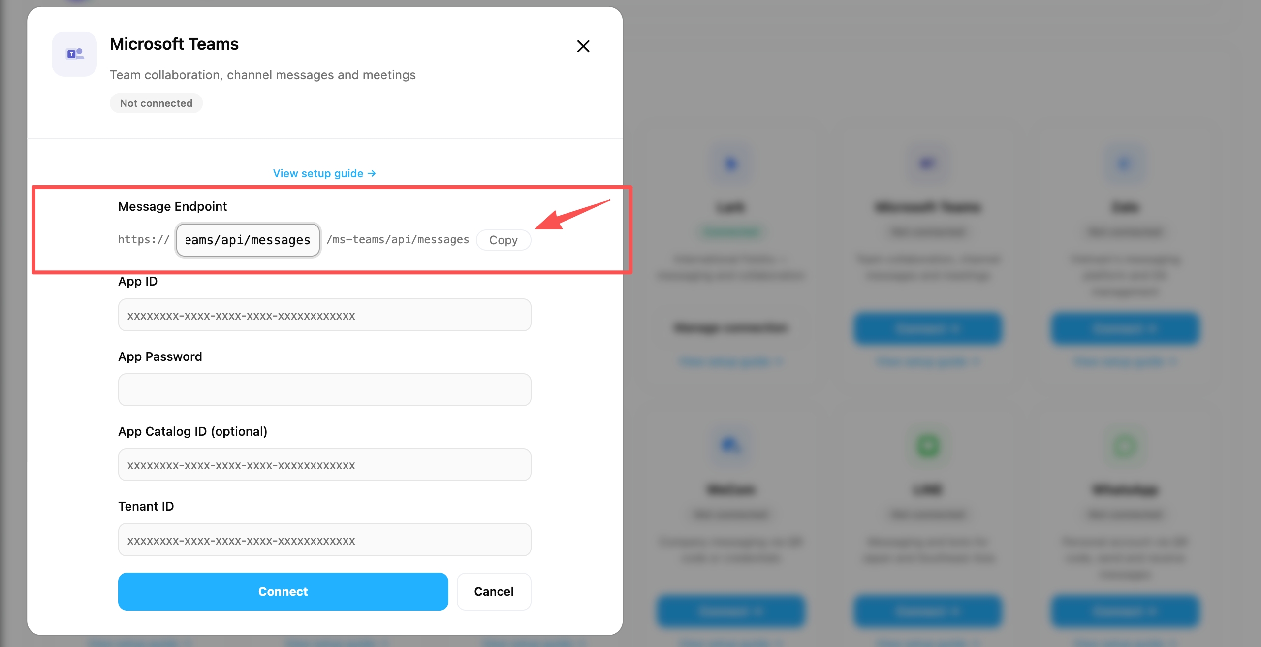 Microsoft Teams connect dialog — copy the Message Endpoint