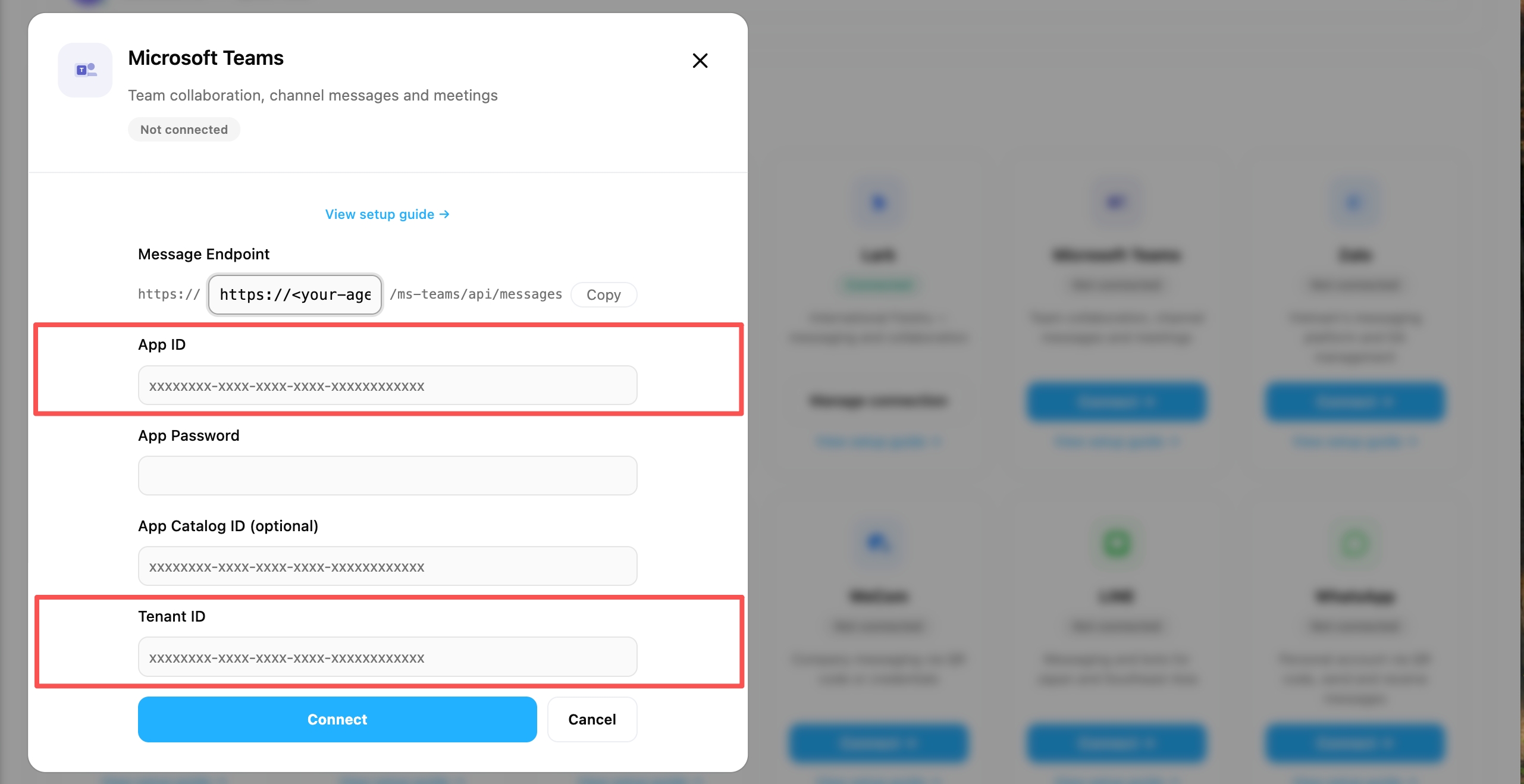 Copy the Microsoft App ID and App Tenant ID into the OpenMax Microsoft Teams card
