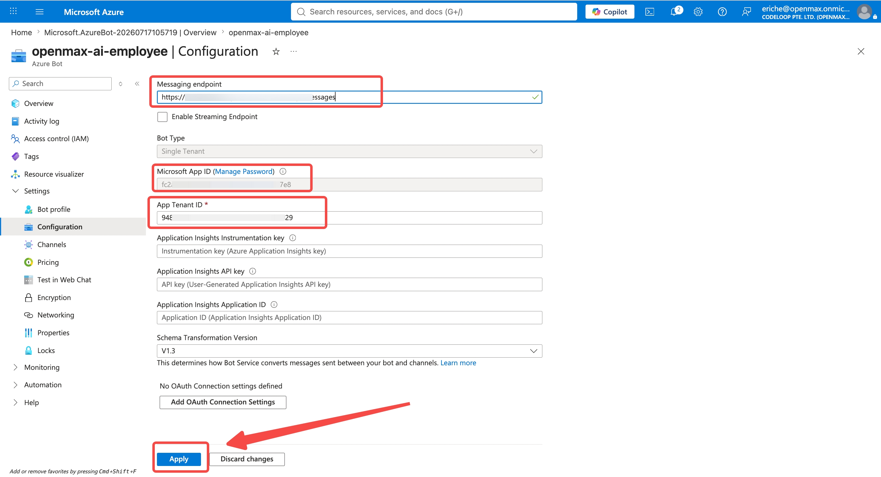 Azure configuration page — endpoint filled in, click Apply