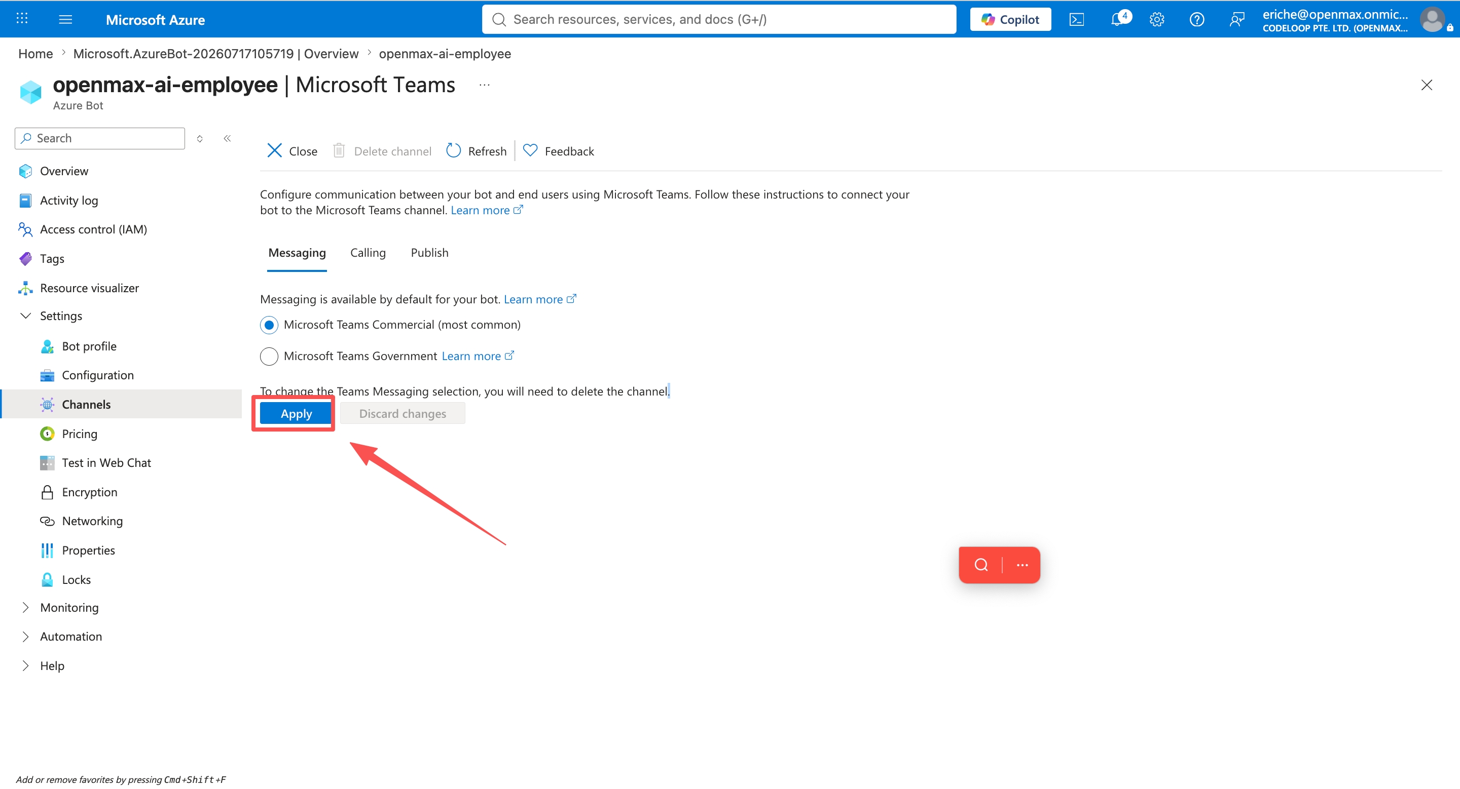 Microsoft Teams channel — click Apply