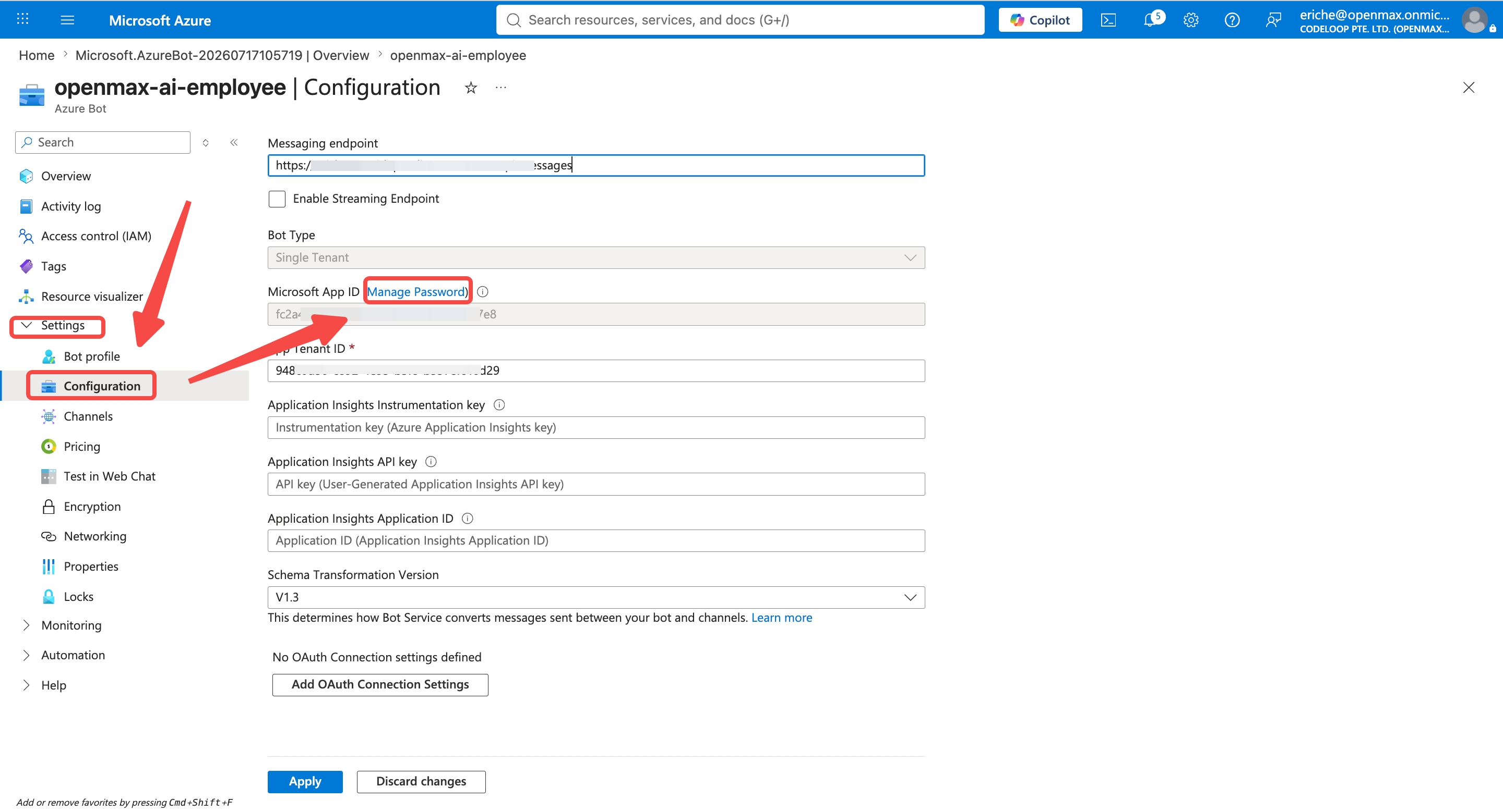 Configuration — Manage Password link next to the Microsoft App ID