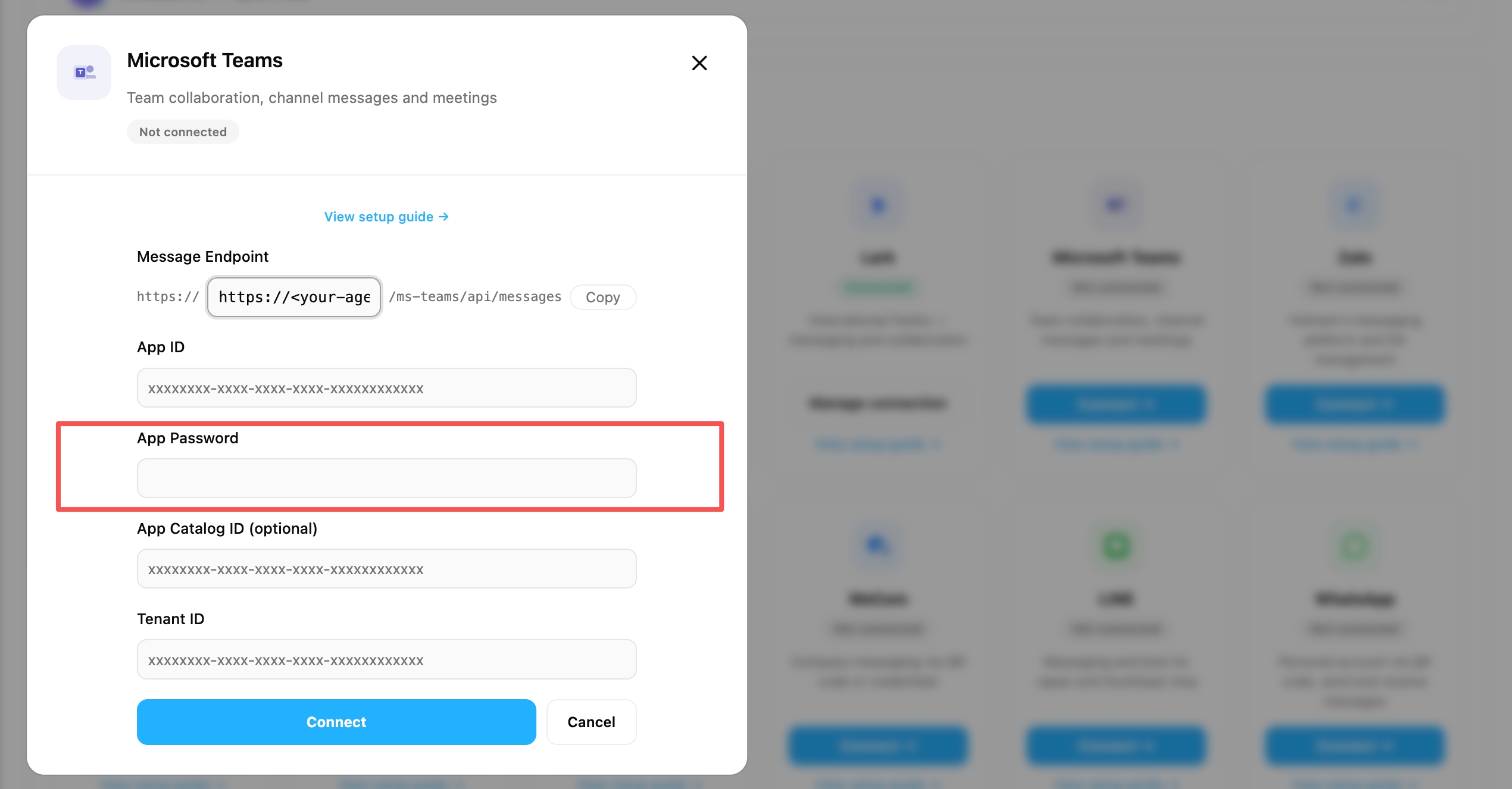 Paste the secret value into the App Password field under Channels in the OpenMax Workspace