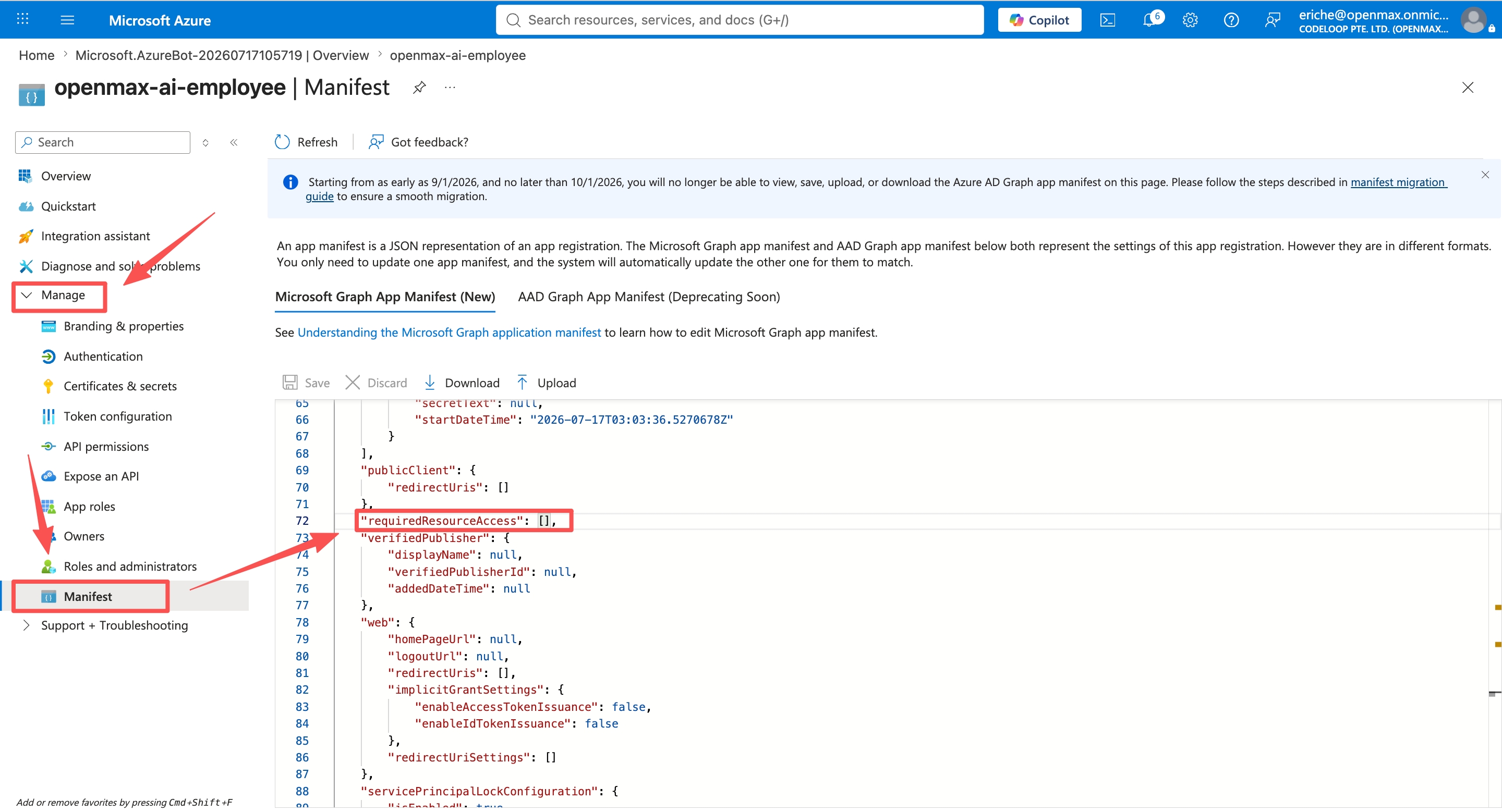App registration — Manage → Manifest — requiredResourceAccess