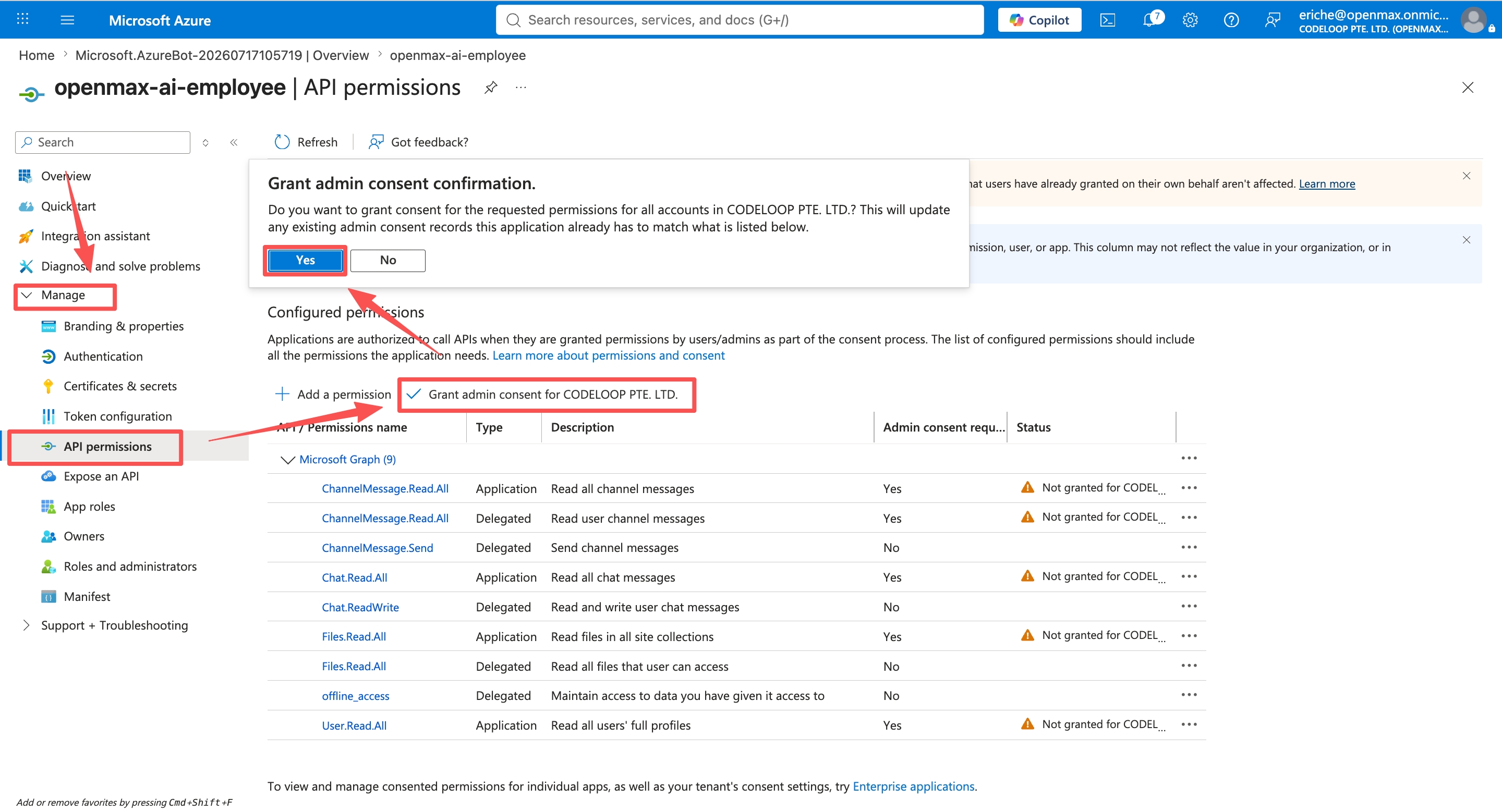 API permissions — grant admin consent