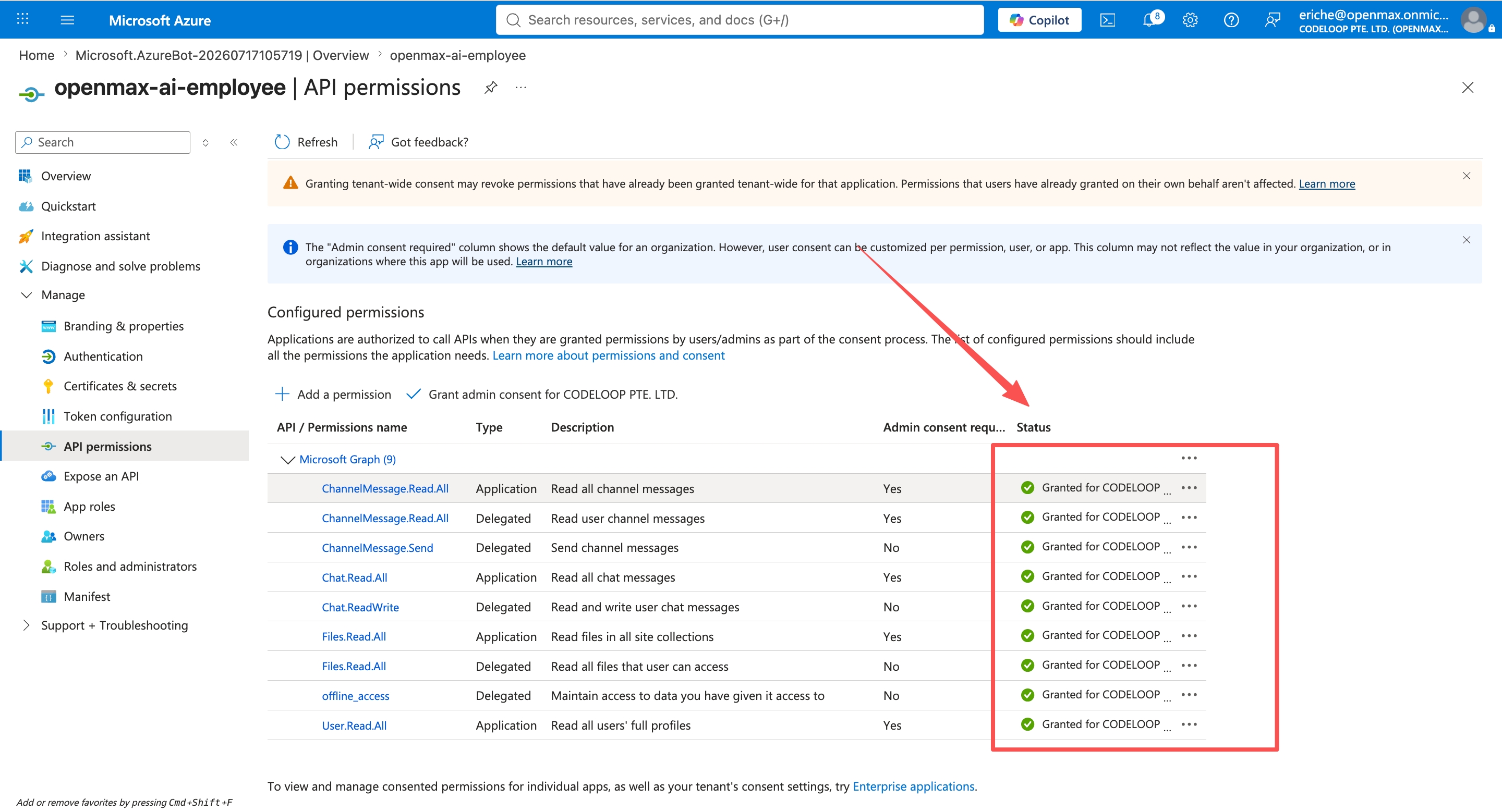 API permissions — all shown as granted (green)