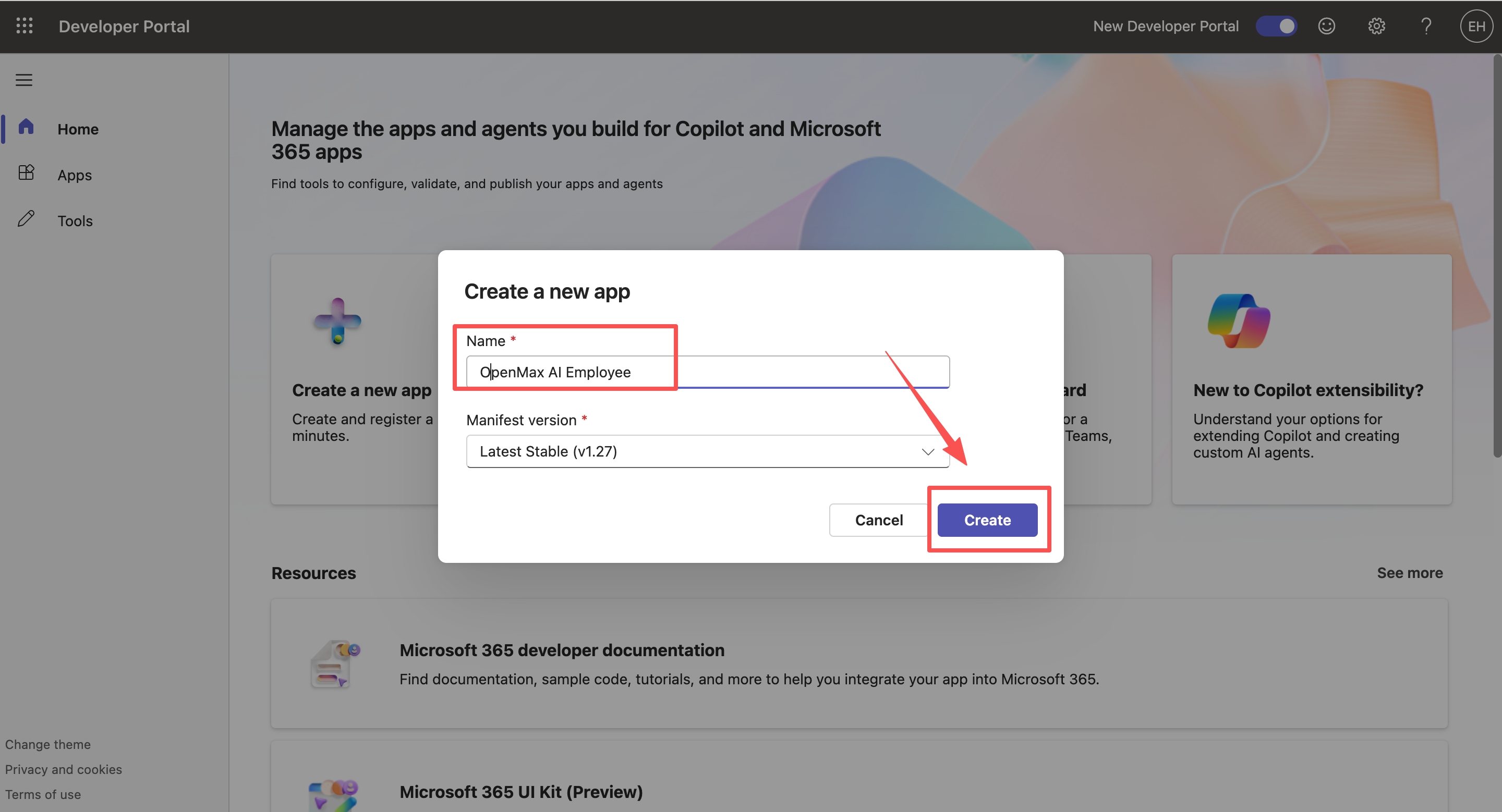 Create a new app dialog — enter the name, click Create