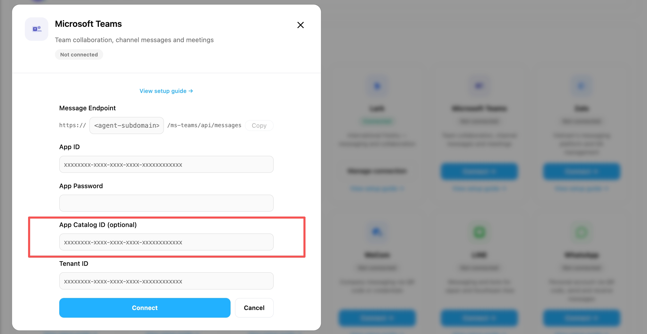 OpenMax Workspace — paste the App Catalog ID on the Microsoft Teams card