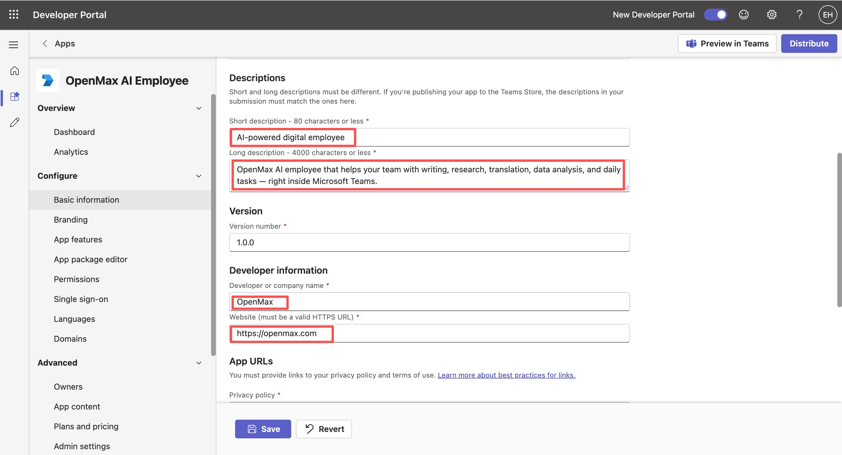 Basic information — descriptions, developer name and website