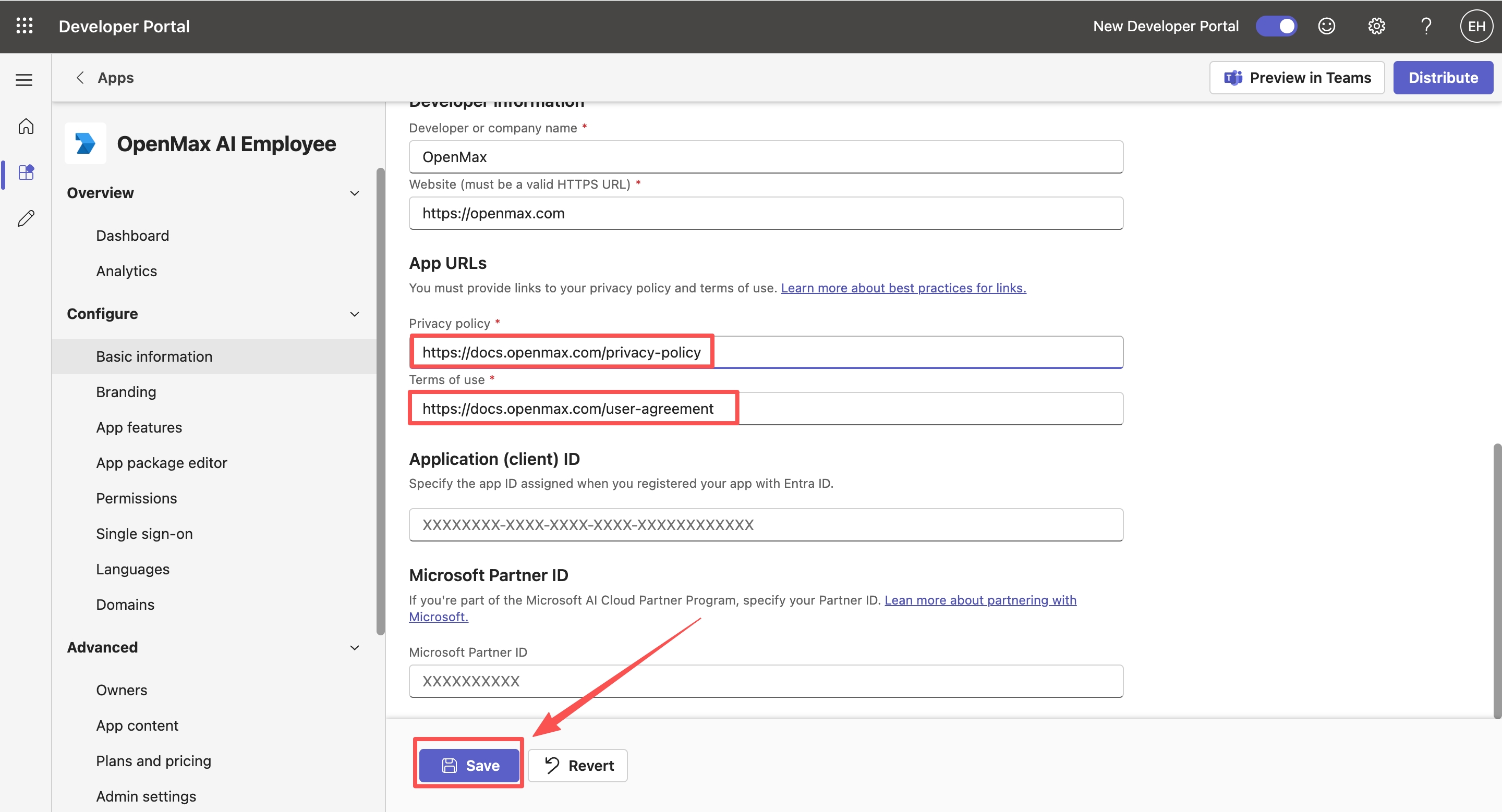 Basic information — privacy policy and terms of use, then Save