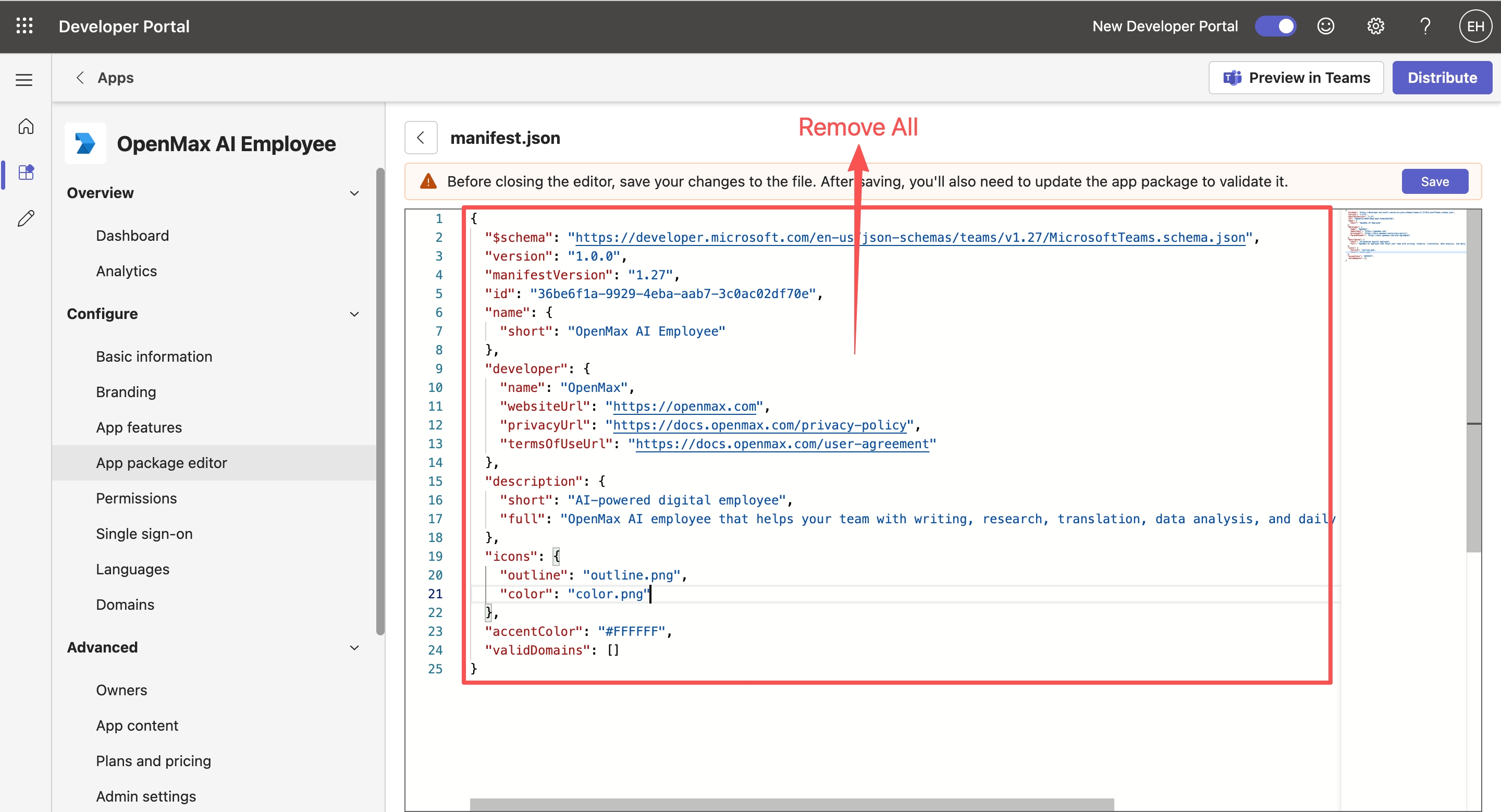 manifest.json — remove the default content before pasting