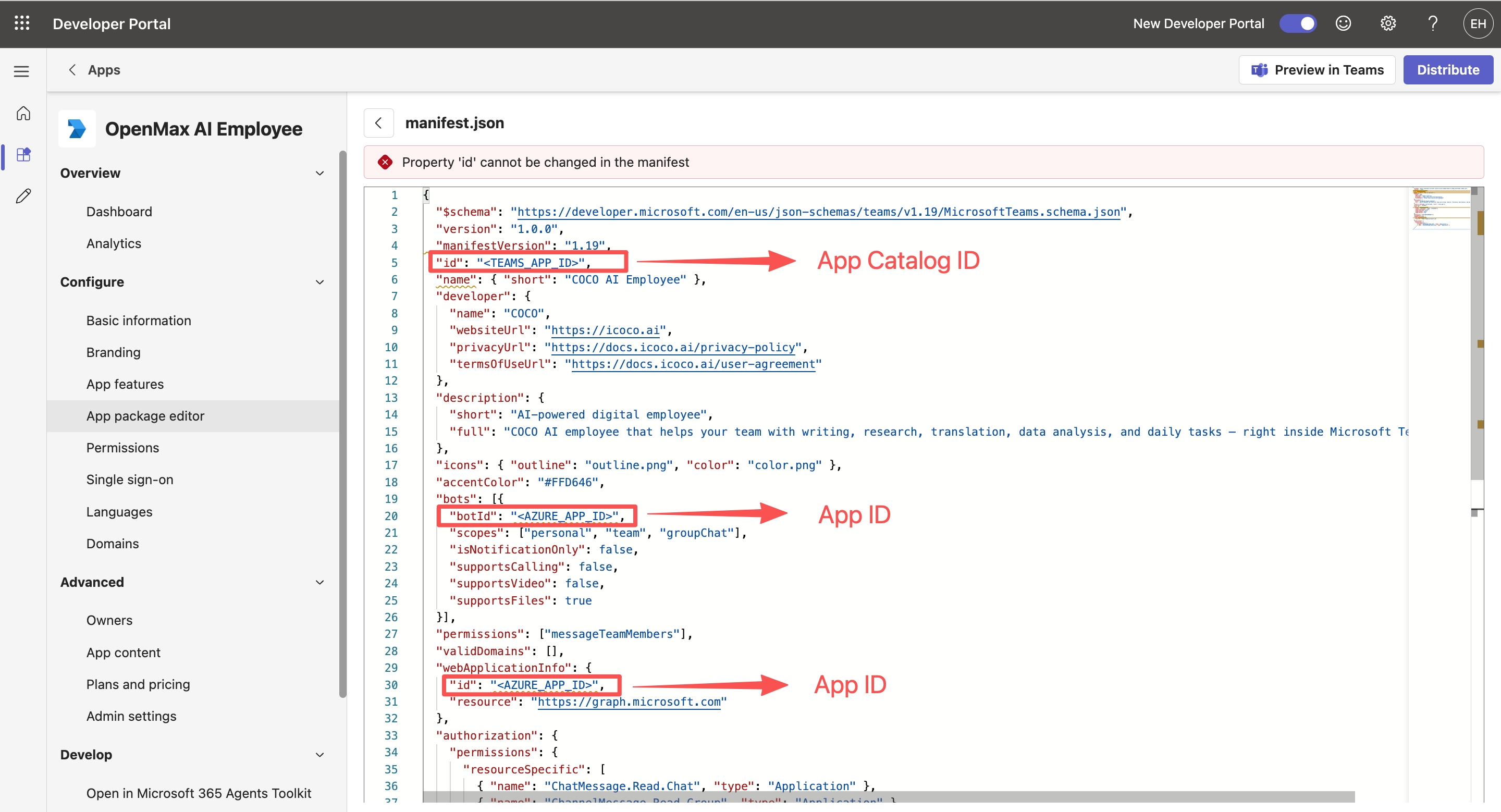 manifest.json — the three placeholders and which credential each takes