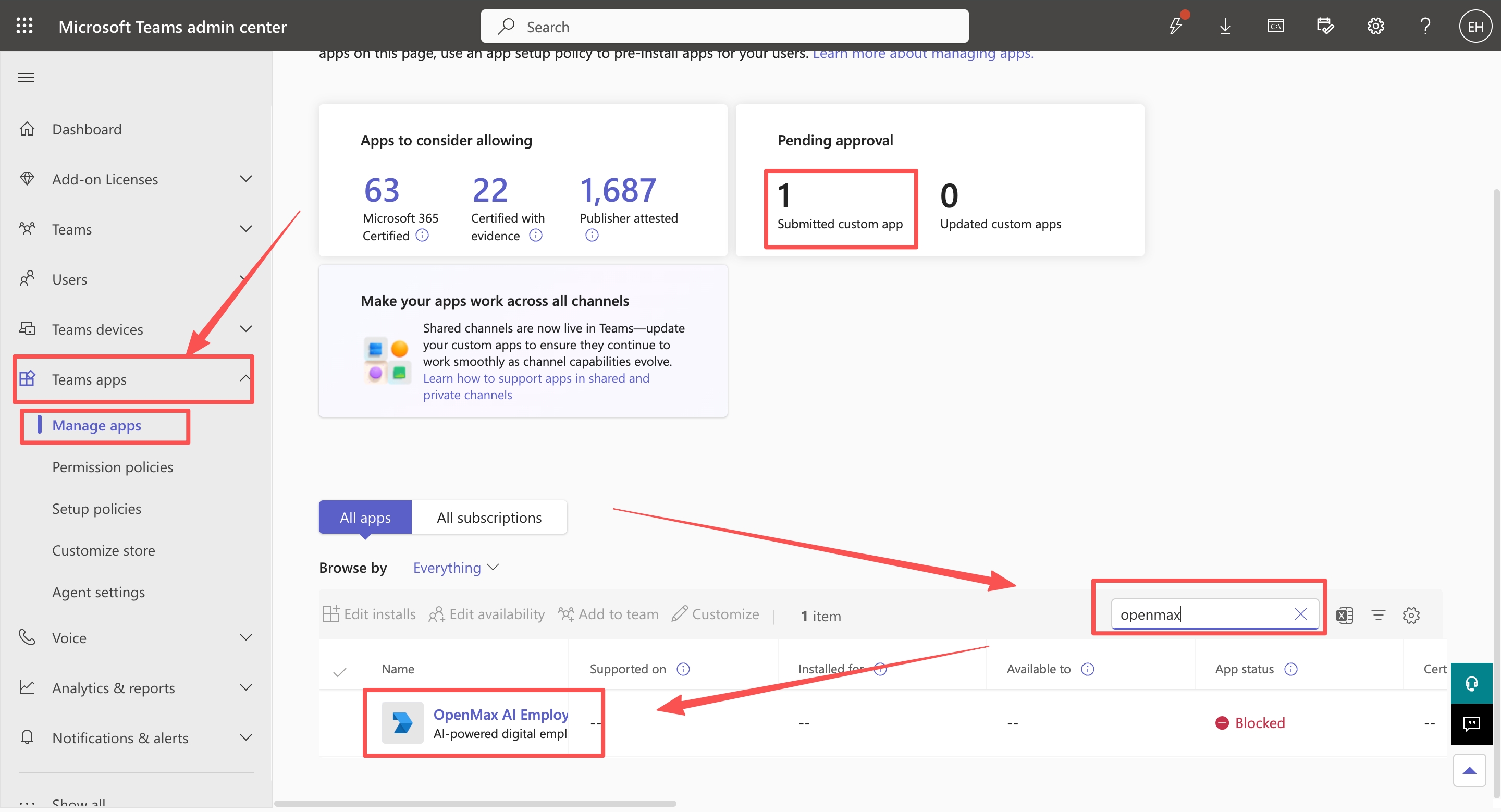 Teams Admin Center — Manage apps — search for your app