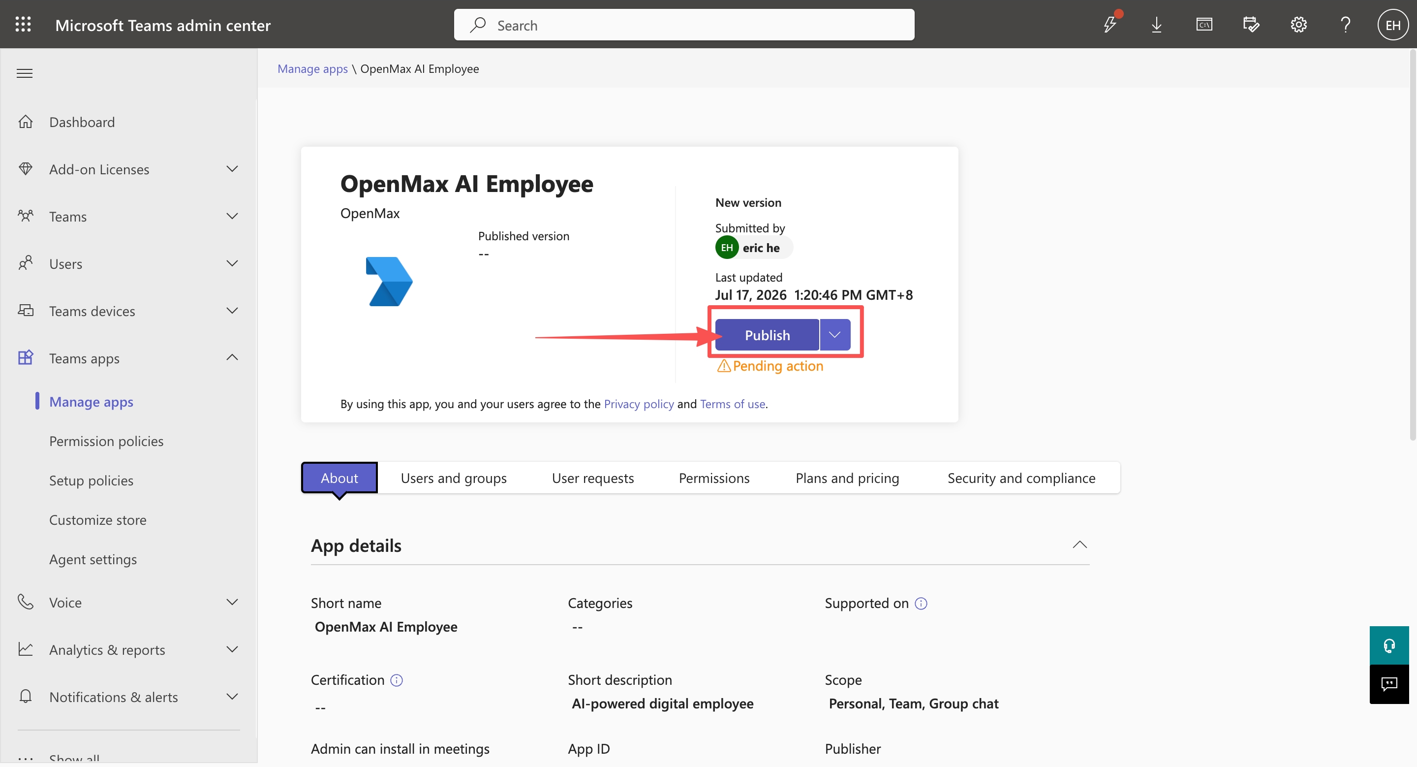 Teams Admin Center — app details — Publish