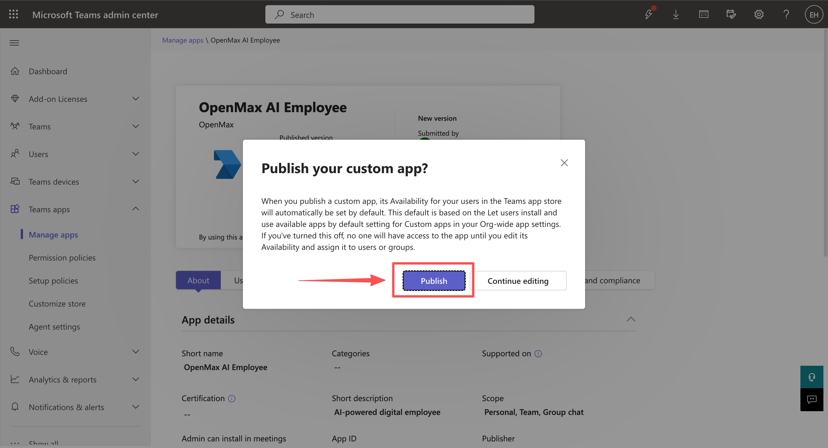 Confirmation dialog — Publish