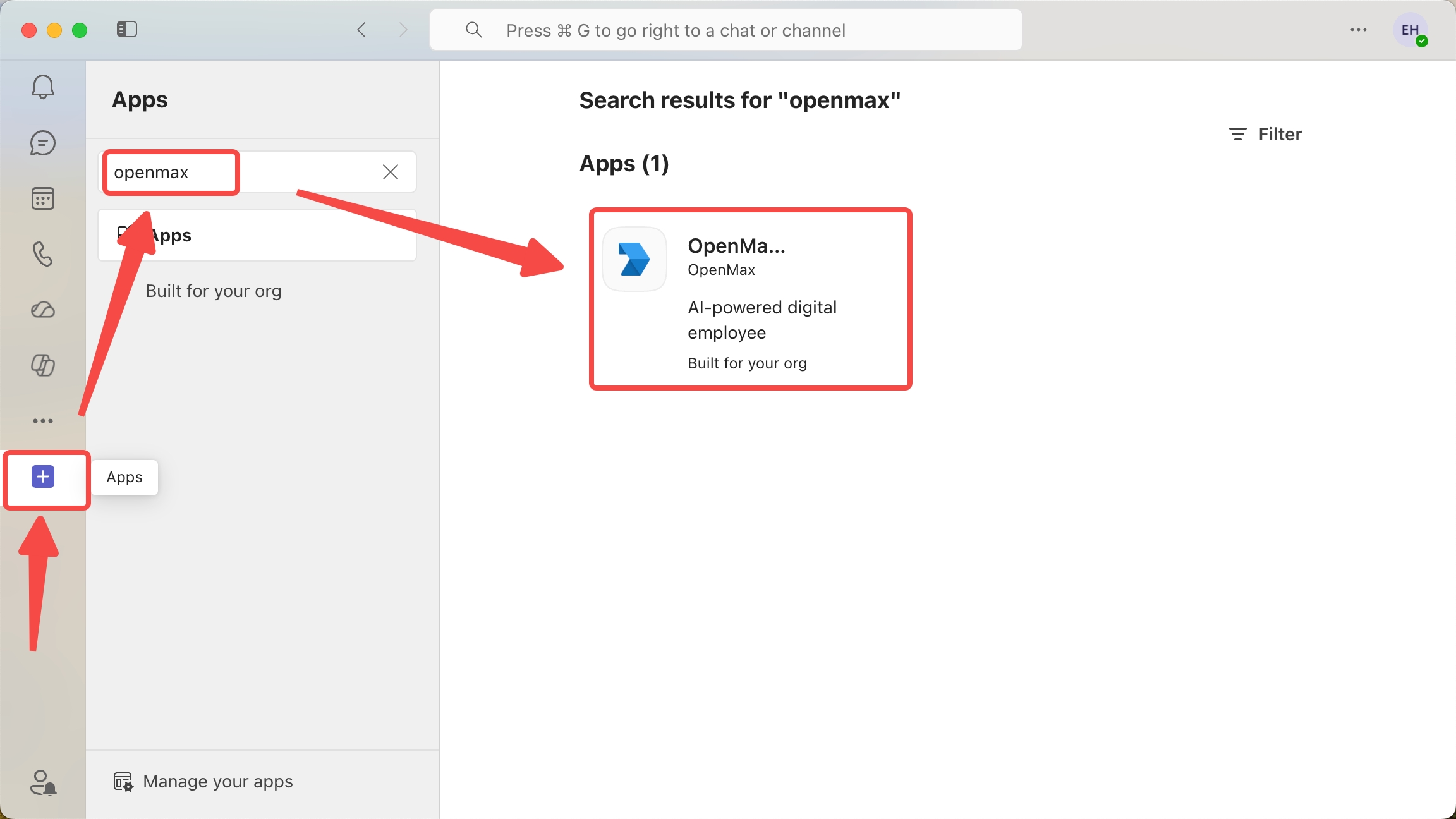 Teams — Apps — search for the bot