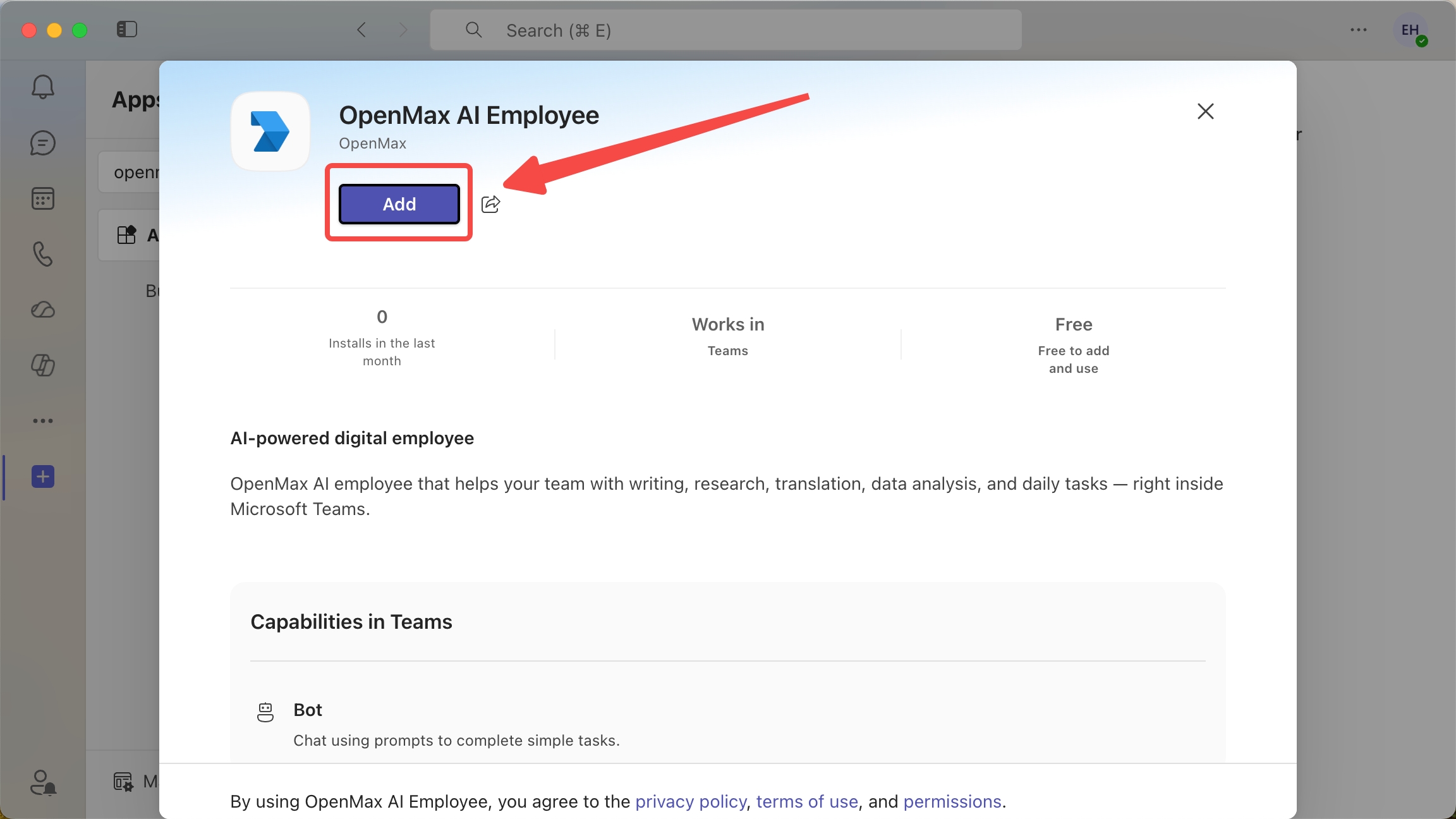 App details dialog — Add