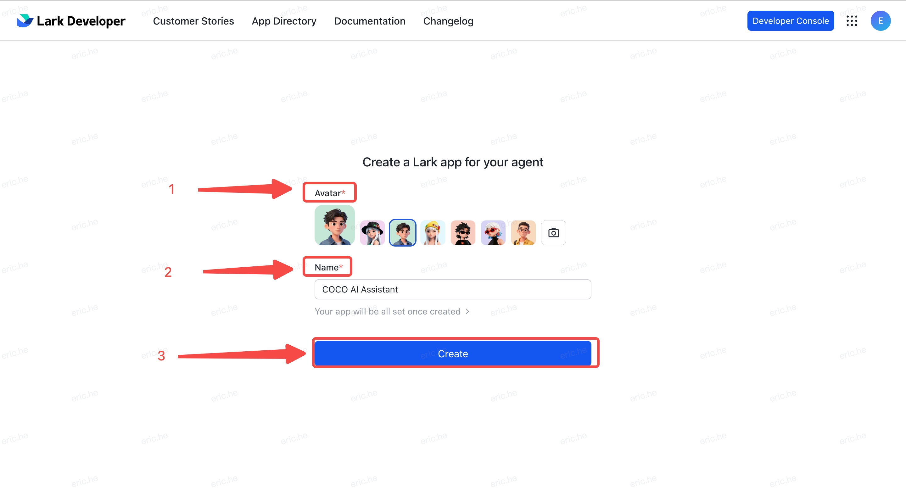 Create Lark Smart Agent — choose avatar, fill in name, click Create Now