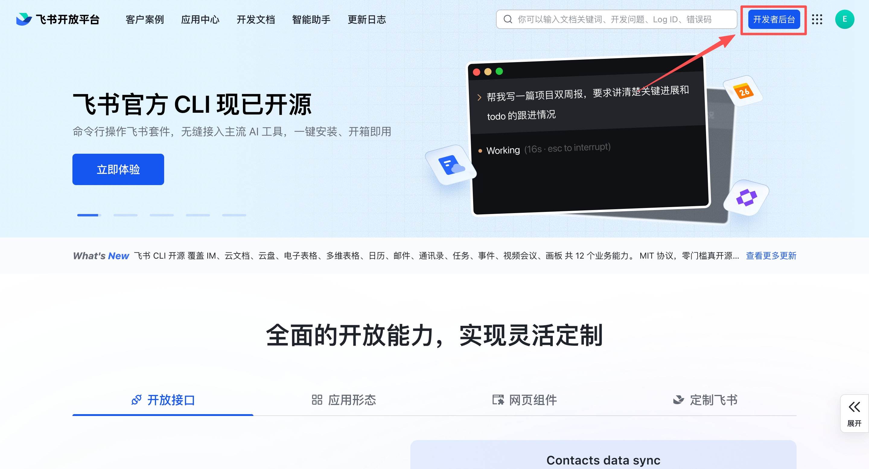 回到飞书开放平台 — 点击右上角「开发者后台」