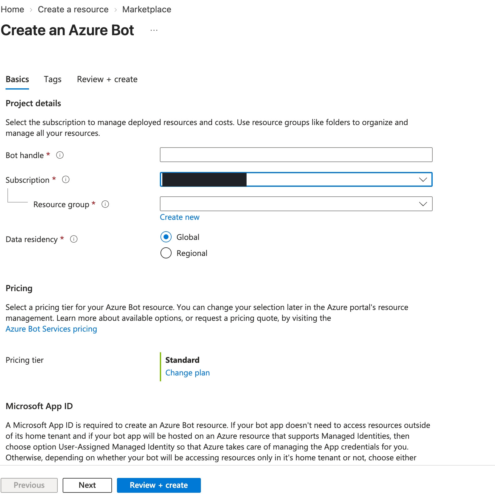 Create an Azure Bot —— 订阅下拉中可以选到公司订阅