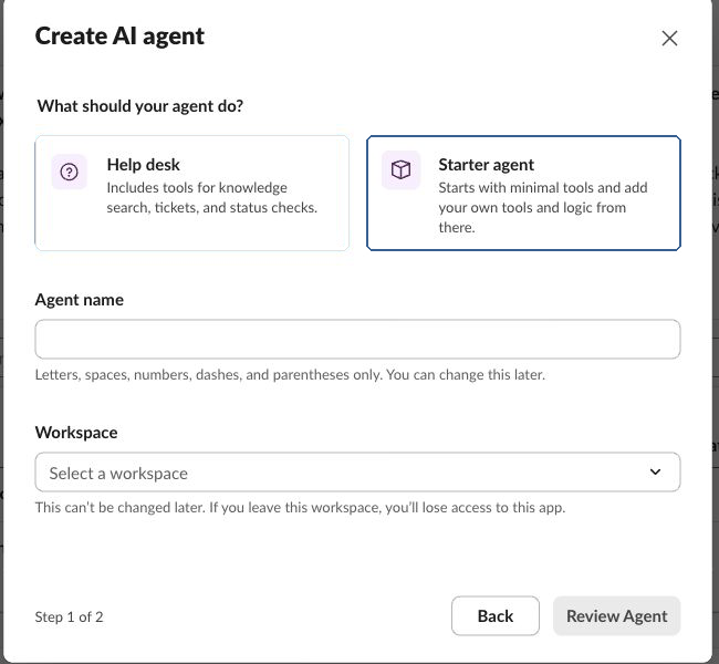填写 Slack AI Agent 名称并选择 Workspace
